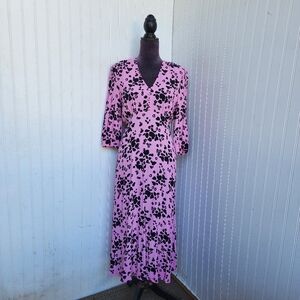 M&S Collection Pink Black Floral 3/4 Sleeve Midi Dress V-Neck Button Tie Sz 14